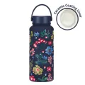 1L vacuum insulated sports bottle in navy blue with floral print and ceramic coating - Indigo Blue 8B Style