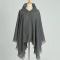 Detailed close-up of grey knitted hooded poncho with fringe hem for autumn winter seasons - Dark Grey (WT144-7)