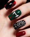 Macro detail of Halloween press-on nails featuring vampire fangs and spider web patterns - Halloween Vampire Spider Web Style (CW732) / 24Pcs Box Set (Includes Jelly Glue + Nail File)