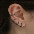 Geometric C-shaped hoop earrings set in gunmetal grey finish worn on ear model - Gun Black Metal Ear Cuff Set (5804003)