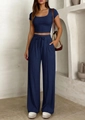 Women Y2K slim-fit navy blue ribbed knit two-piece set with crop top and wide-leg pants - S / Navy Blue