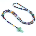 Colorful crystal bead necklace with a green stone cross pendant and brown woven cord - Seven Color Stone (Random Cross Color)