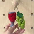 Handmade wool felt keychain set featuring a red wine glass and green grapes with smiles - Wine & Grapes