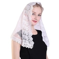 Detailed view of white triangle mantilla lace wedding veil with floral embroidery - Style 2 Off-white