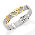 Silver woven mesh watch band bracelet with gold interlocking hearts and heart charm - Silver (PAS795)