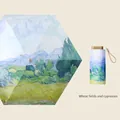 Flat six-fold umbrella with Van Gogh Wheat Field print and UV protection coating - 19 Inch 6 Ribs / Wheat Field and Cypresses