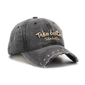 Close-up of distressed charcoal denim cap with Take Boston embroidery and frayed brim - One Size / Black