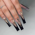 Extra long black French press-on nails with gold rhinestones and square tip design - Glue Type (SGCY-475)