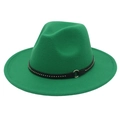 Close-up of green felt fedora featuring black leather band with gold studs and silver ring - M (56-58cm) / Grass Green