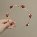 French vintage gold headband with red roses and white pearls for elegant hair styling - Rose Pearl Headband / Burgundy