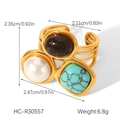 Detail van vintage gouden ring met parels, turkoois, tijgeroog en maatspecificaties - Open Ring met Drie Stenen (HC-R30557)