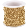 Roll of 18k gold plated stainless steel satellite curb chain with metal beads on white spool - 1.5mm Chain / 2.0mm Bead / Gold