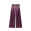 Elegant purple satin wide-leg trousers with brown leather belt and gold artistic buckle - XS / Purple Pants With Belt