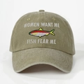 Detailed view of fish embroidery and humor quotes on khaki washed cotton baseball cap - Dark Khaki