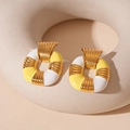 Detail view of retro geometric enamel hoop earrings with gold and yellow textured finish - Yellow Enamel Square Style