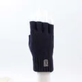 Detail of dark blue knitted fingerless gloves with ribbed cuffs and reindeer patch - One Size / Navy Blue
