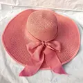 Cappello di paglia rosa a tesa larga con fiocco in chiffon per protezione solare estiva - Taglia Unica (55-58cm) / Rosa