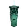 Green plastic studded tumbler with creative diamond texture and matching straw - Electroplated Green