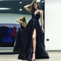 Elegant black satin V-neck evening gown with high slit and open back for formal parties - US size 2 (S) / Black
