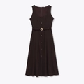 Ärmelloses Midikleid in Dunkelbraun mit Karree-Ausschnitt und Gürtel mit Strassschnalle - XS / Kaffeebraun