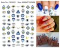 Detail of blue evil eye nail stickers with Fatima hand and moon motifs for DIY manicure - WG893