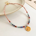 Colorful beaded ceramic necklace with a sun-engraved golden circular pendant - 8-Titanium Steel Colorful Natural Stone Round Pendant Necklace