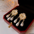 Vintage style gold earrings with bee motif and pearl drop pendants for women - Silver Earring Post Oval Bee Pearl Drop Tassel Earrings