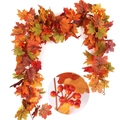 5.7ft artificial autumn maple leaf garland with red berries and hanging hook - With Berry Style / 175cm