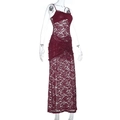 Detailed view of sheer wine red lace texture on an elegant off-the-shoulder maxi dress - S / Burgundy
