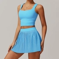 Women's light blue yoga set with square neck tank top and pleated athletic skirt - S / Top And Bottom / Lake Blue