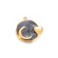 Golden stainless steel round pendant with grey enamel moon and heart for DIY jewelry - Black
