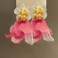 Detailed macro view of delicate pink fabric flower earrings with yellow stamen accents - 9# Silver Earring Post-White-Pink