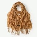 Brown cashmere scarf for winter featuring soft fringe details and a warm solid color - Camel