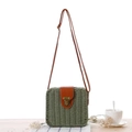 Retro square straw woven crossbody bag with brown leather flap in military green finish - Green