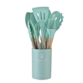 Set di 14 utensili da cucina in silicone verde menta con manici in legno e secchiello - Verde Lago Set da 12 Pezzi Con Secchiello Piccolo (Versione Leggera)