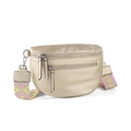 Metallic gold crossbody bag with textured leather and pink geometric woven strap - Gold