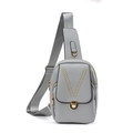 Grey pebbled leather chest bag with gold rivets V-pattern and wide strap for women - Gray