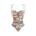 Dames eendelig roze badpak met bloemenprint, spaghettibandjes en geplooide strik - S / Roze gebloemd badpak uit één stuk