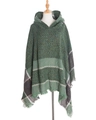 Dark green knitted hooded poncho for women with herringbone texture and plaid fringe hem - Green