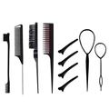Professional black hair styling tool set with combs and clips on a white background - Black 10-Piece Set
