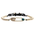 Verstellbares Goldperlenarmband mit Zirkon-Sicherheitsnadel und blauem Evil Eye - Goldene Sicherheitsnadel Kupferperlen Schwarzes Seil