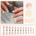 French tip press-on nails in nude pink with yellow and black outlines set - French Color Block Geometric Line Style (A527)