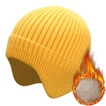 Yellow winter knit trapper hat with warm fleece lining and ear protection design - Fleece Lined Style / Yellow