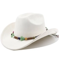 Detail of white suede cowboy hat featuring ethnic beaded band with heart-shaped turquoise - Cream