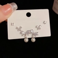 Detailed set of silver earrings with butterfly motifs, pearls, and cubic zirconia studs - Silver-Rhinestone Bowknot Pearl Set (53#)