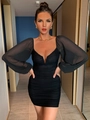 Elegant black V-neck dress with sheer mesh sleeves and ruched detailing for women - XS / Black