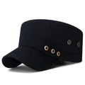 Black cotton cadet cap featuring three side bronze buttons and breathable metal eyelets - Adjustable / Black