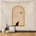 Detail of bohemian wall tapestry featuring minimalist cat and moon arched window art - Billion (70)