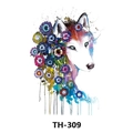 Waterproof temporary tattoo sticker with colorful watercolor wolf head and floral design TH-309 - Th-309 / 210*148mm