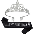 Corona Happy Birthday in cristallo argento con fascia da festa in raso nero - Argento + Raso Nero